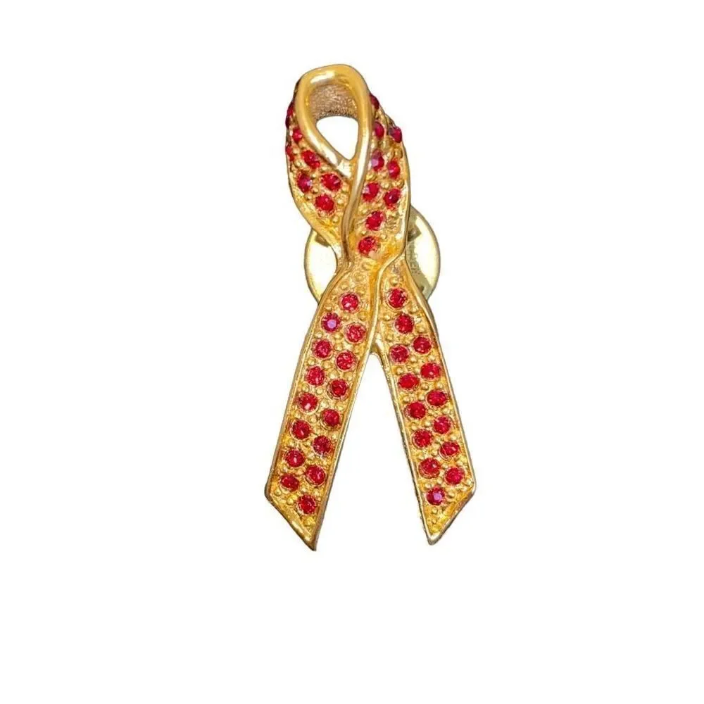 Signed Verducci Pin Set Red Rhinstone Ribbon Goldtone Breast Cancer Awareness